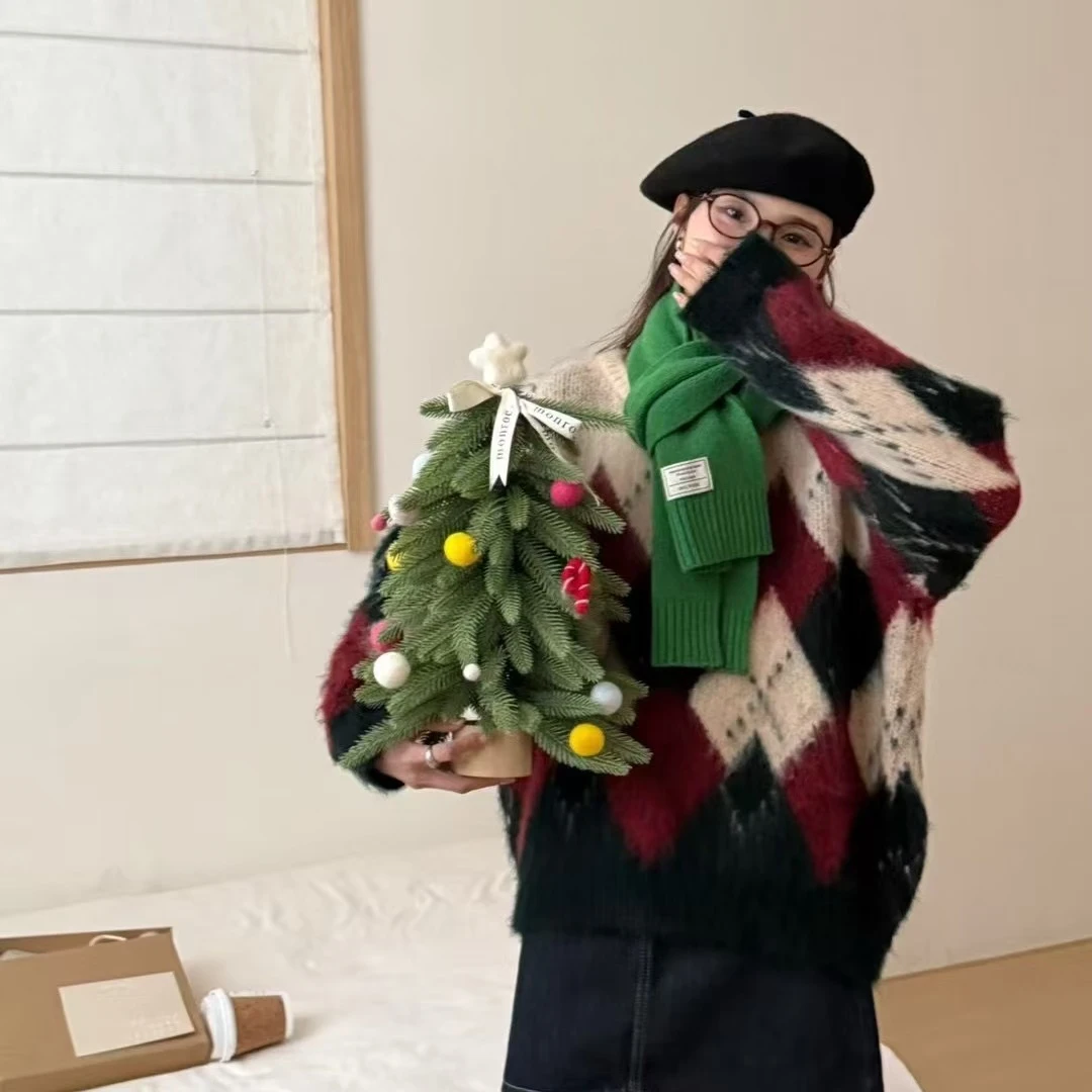 圣诞菱格毛衣秋冬潮牌美拉德美式复古洋气宽松圆领针织衫男女同款