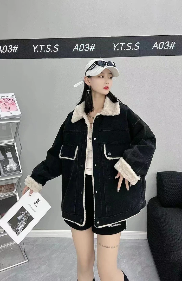 2025冬季加绒加厚牛仔棉服女士外套时尚百搭翻领韩版in’s休闲保暖