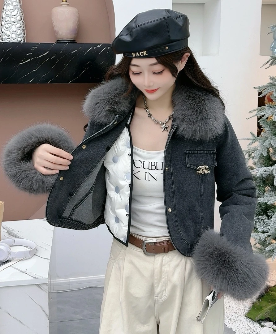 小个子高级感牛仔加绒加厚保暖短款2024冬季大毛领可拆卸时尚外套