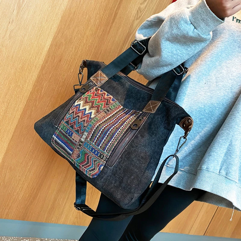 新款2025时尚民族风刺绣帆布包手提包女包百搭大容量单肩斜挎包潮