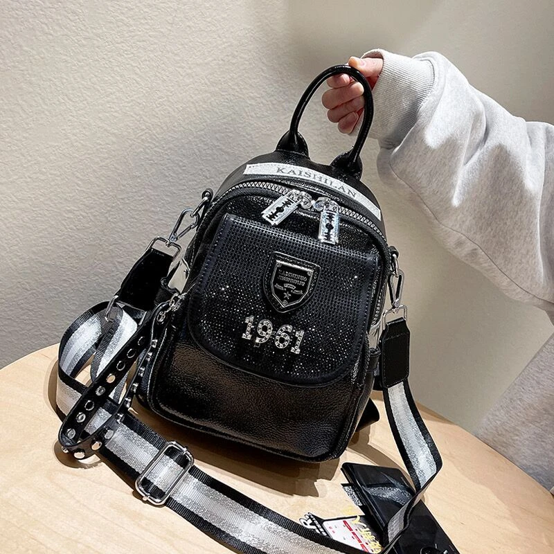 新款2025时尚多功能烫钻真皮双肩包女包洋气ins镶钻背包旅行包潮