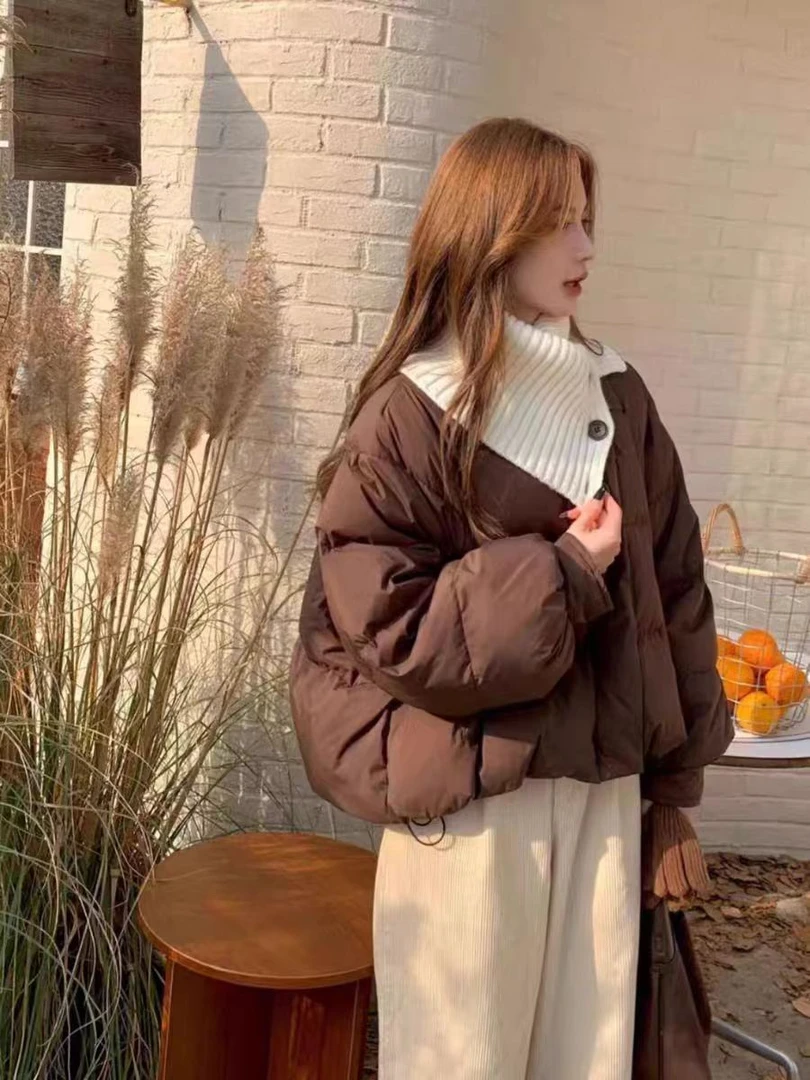24年羽绒服新款针织翻领拼接白鸭绒加厚宽松短款小个子外套百搭