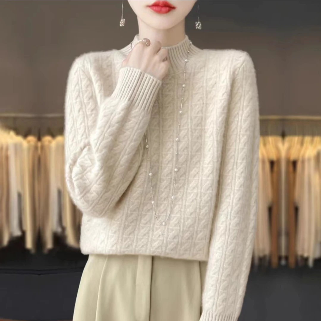秋冬新款羊绒女半高领宽松双股加厚针织毛衣内搭长袖加厚羊绒衫