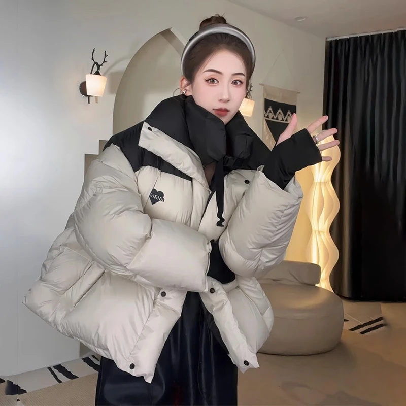 羽绒服女短款2024新款情侣款冬季加厚白鸭绒拼色立领休闲外套