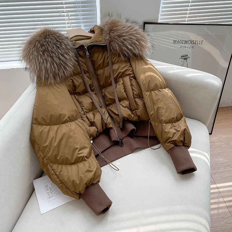 白鸭绒2024冬季外套新款超大貉子毛领羽绒服女短款加厚保暖宽松