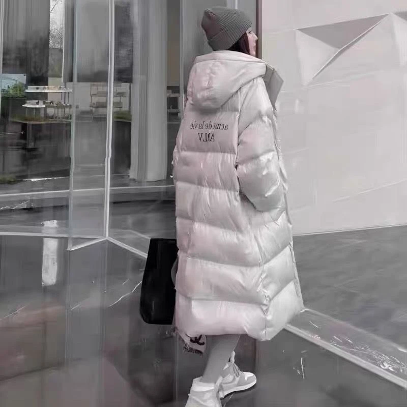 羽绒服女中长款高个子冬季白鸭绒时尚连帽银灰色大码显瘦宽棉服