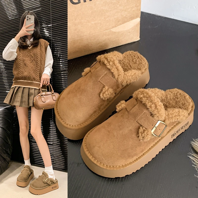 2024秋冬新款加绒加厚包头棉拖鞋女外穿美拉德厚底百搭复古勃肯鞋