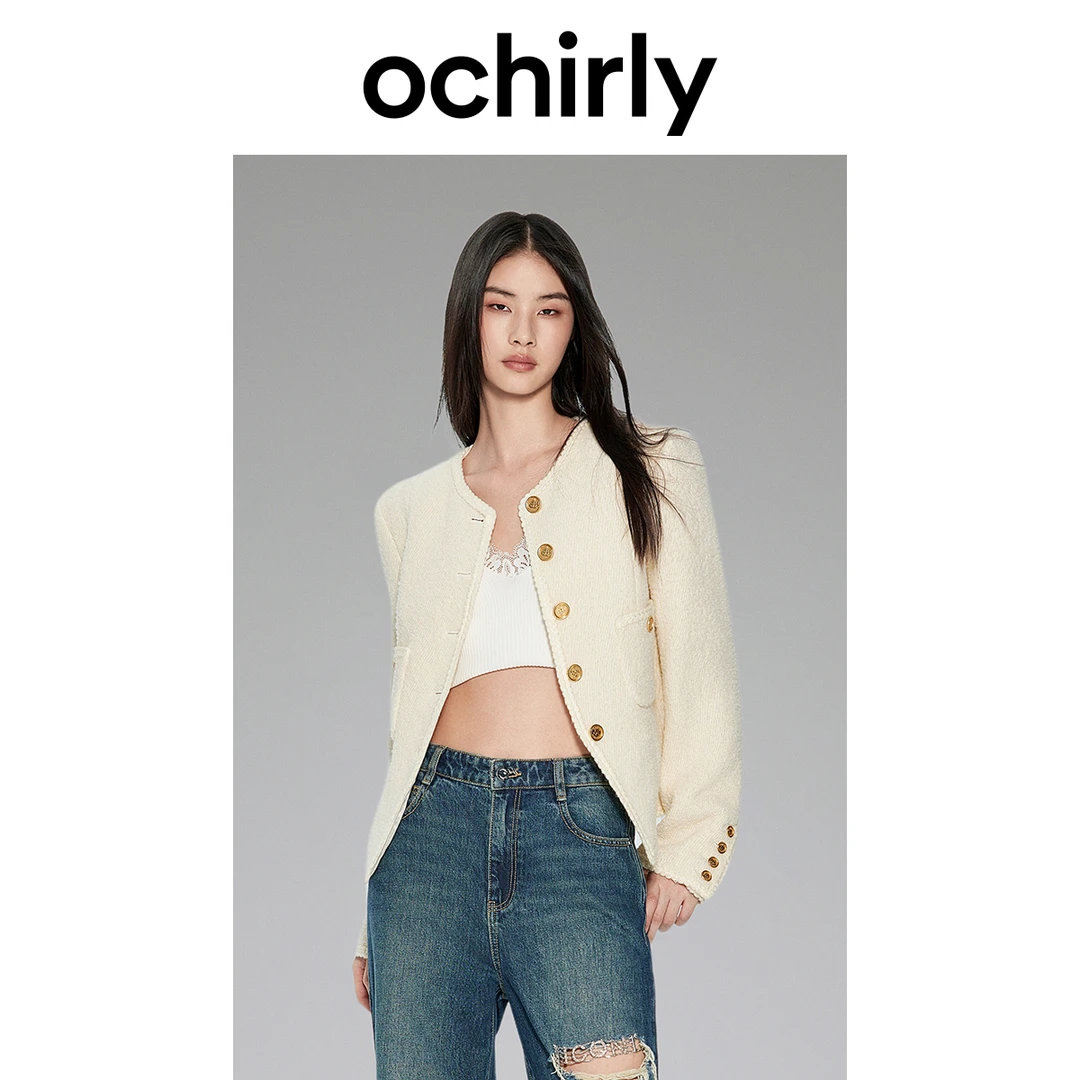 ochirly绵羊毛粗斜纹呢小香风外套女春装法式气质