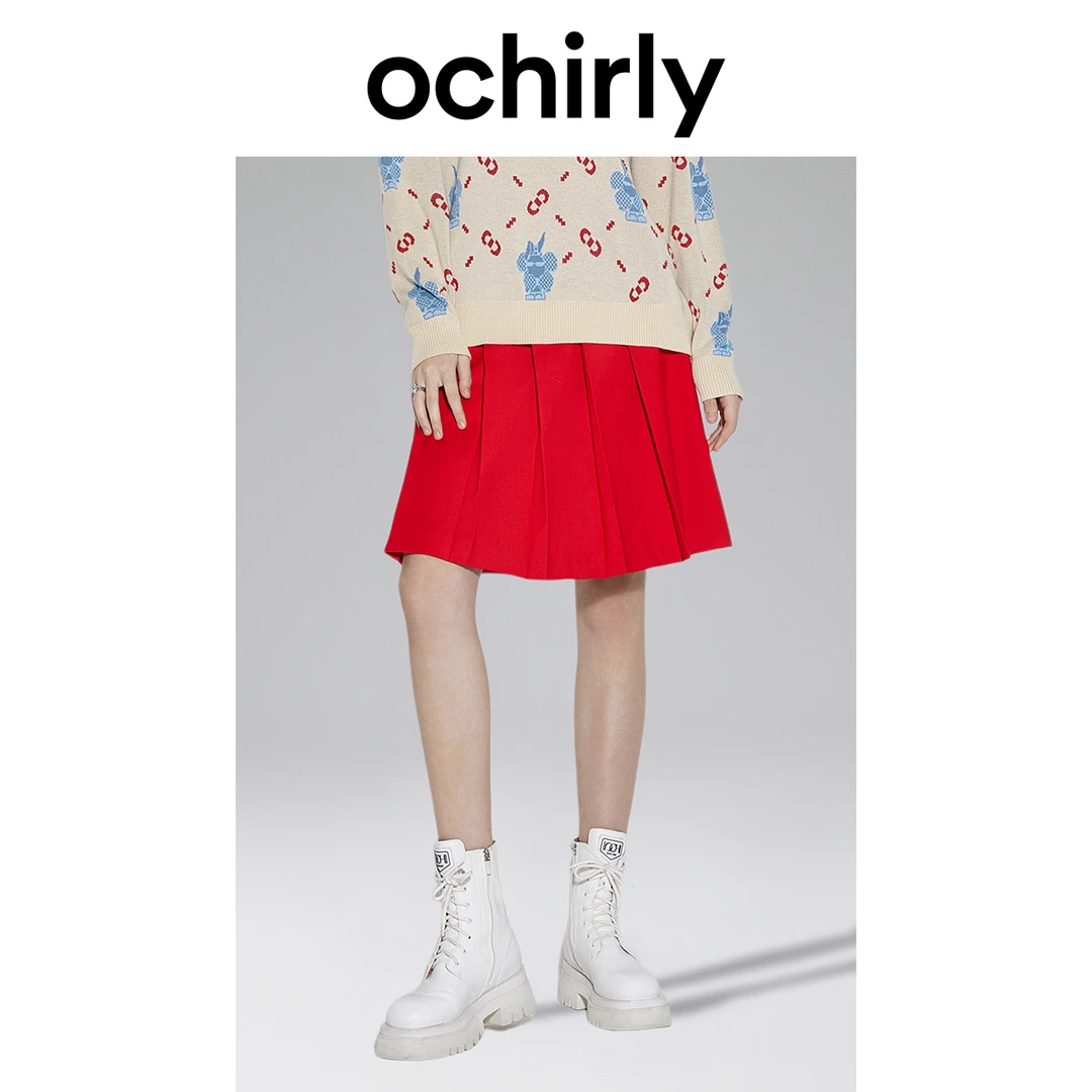 ochirly欧时力 高腰百褶裙半身裙 秋装复古伞裙a字中裙