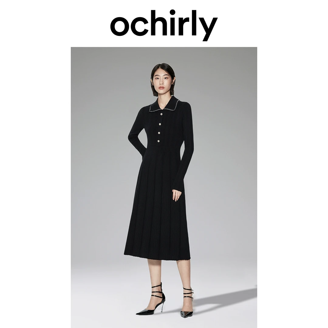 ochirly欧时力 Polo领小香风毛织连衣裙2023新款秋冬中长款收腰