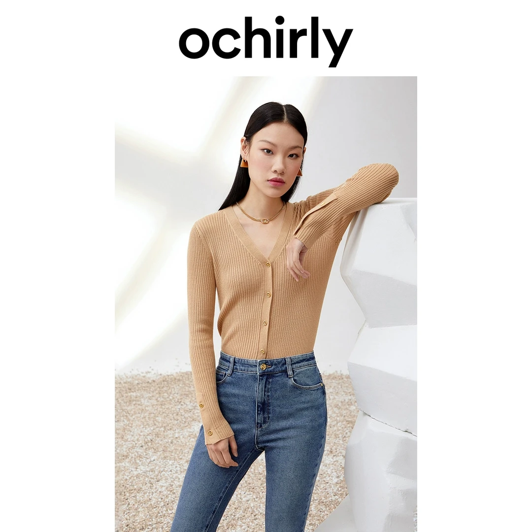 ochirly欧时力 羊毛慵懒风针织开衫秋装镂空上衣女设计感