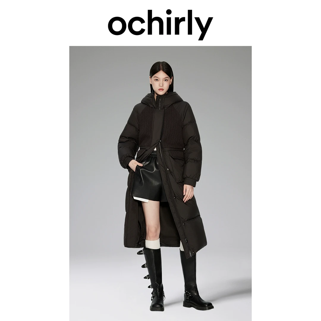 【超轻羽绒料】欧时力 24K年长款羽绒大衣女冬装拼接毛织保暖外套