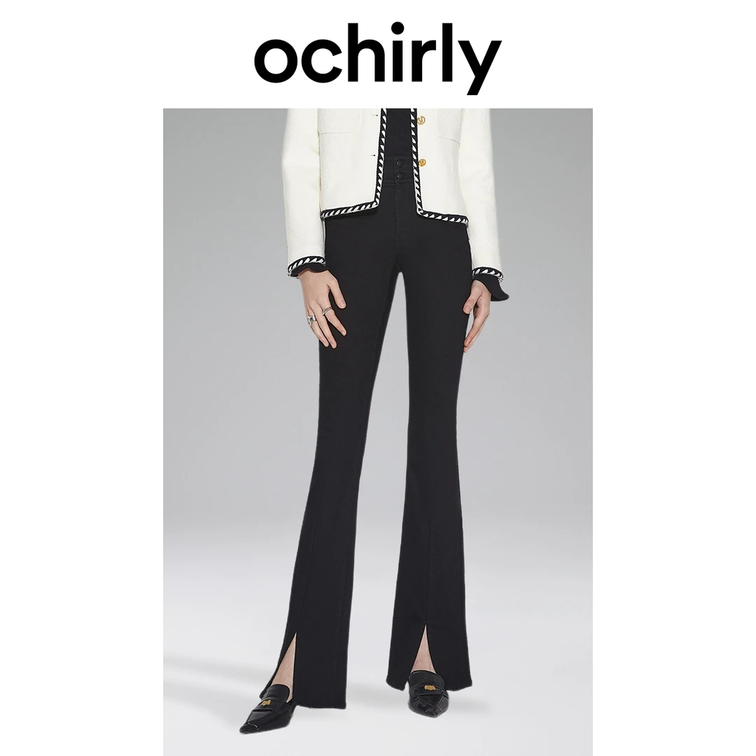 ochirly欧时力年加绒喇叭牛仔裤女镶钻开衩丹宁风显瘦
