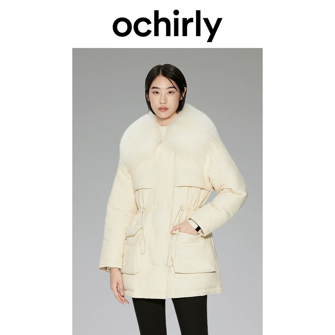 ochirly欧时力 中长款羽绒服外套女冬装可拆毛领提花抽绳