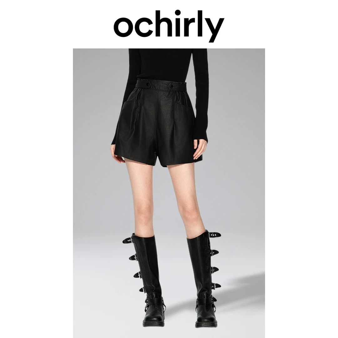 ochirly哑光PU直筒短裤女冬装松紧高腰宽松显瘦