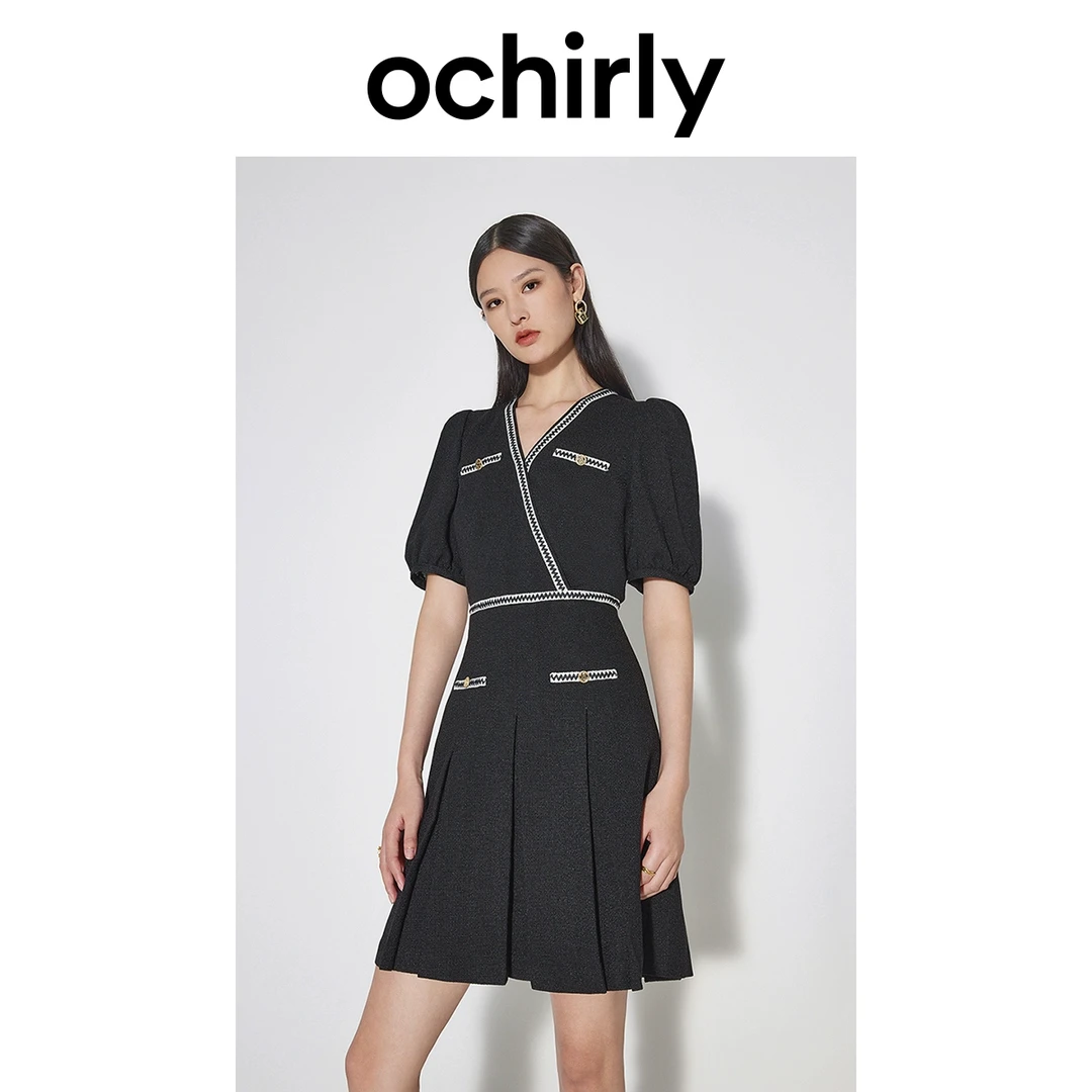 ochirly欧时力 花式薄感小香风连衣裙  夏装V领泡泡袖