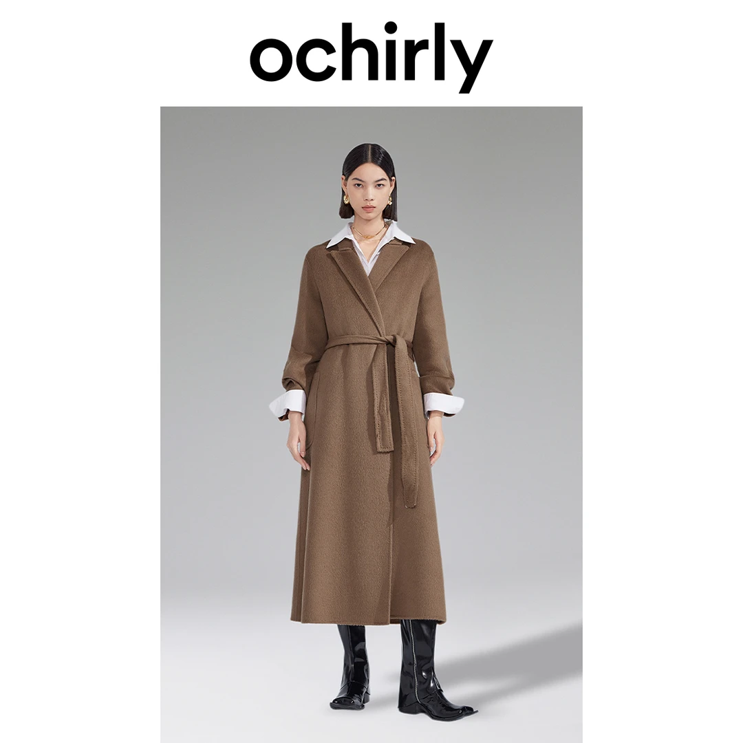 ochirly【高奢大衣】羊毛双面呢长款外套女秋冬披领腰带