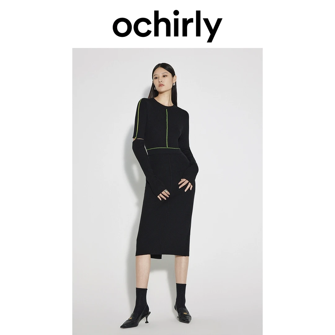 ochirly欧时力 丝光羊毛混纺毛织连衣裙 秋装别致活动袖