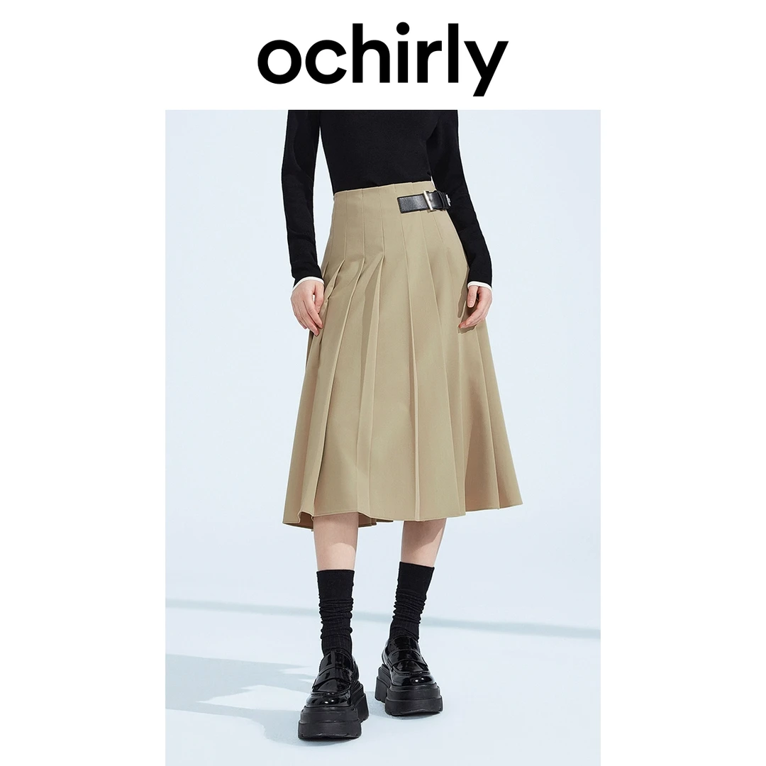 ochirly黑标系列欧时力中长款a字半身裙秋装褶裙学院风通勤