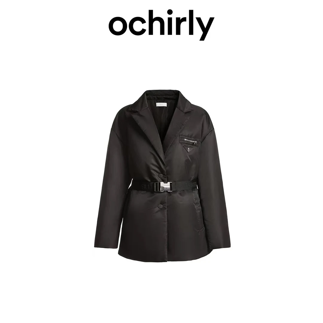 机能系列 欧时力 西装轻羽绒服女冬装中长款腰带慵懒感