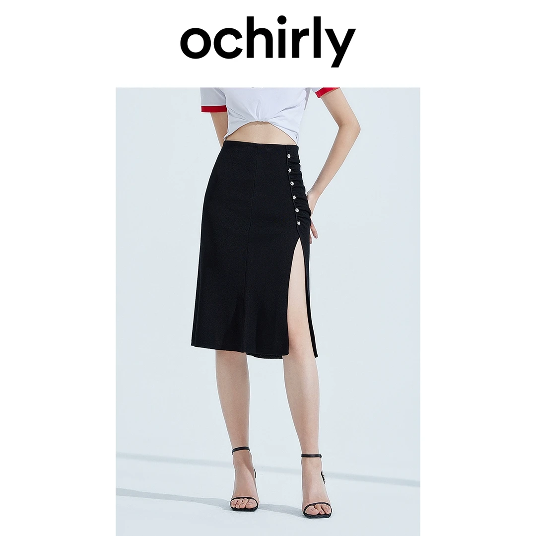 ochirly黑标系列欧时力高腰包臀半身裙女夏装中裙开衩垂坠感