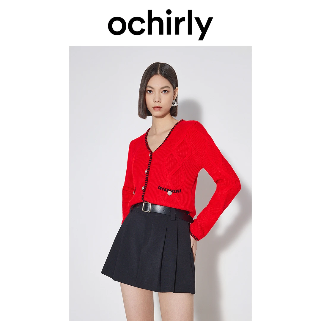 ochirly小香风针织外套女春装上衣短款V领设计感