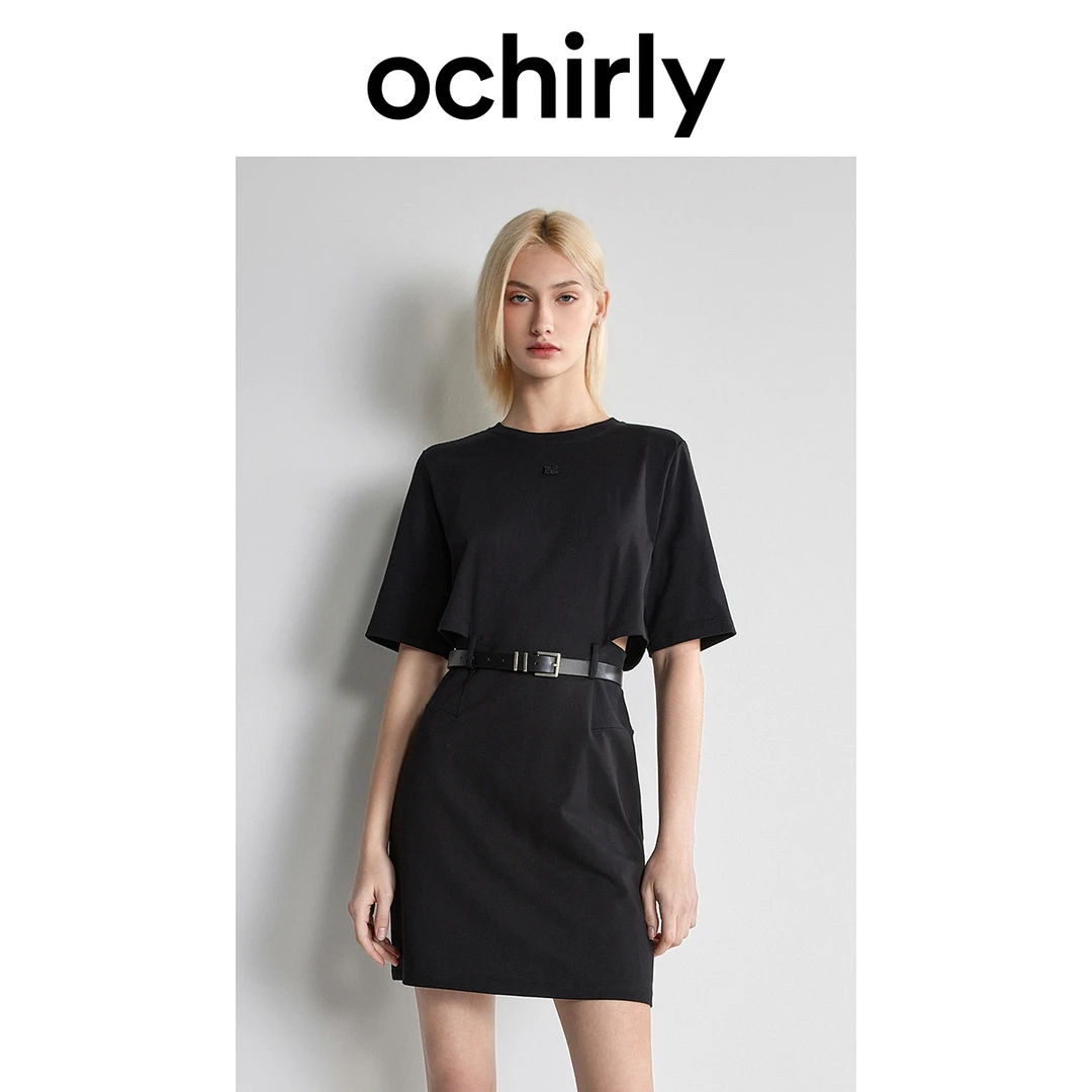 100%新疆长绒棉T恤裙 ochirly欧时力连衣裙新款春秋镂空短款