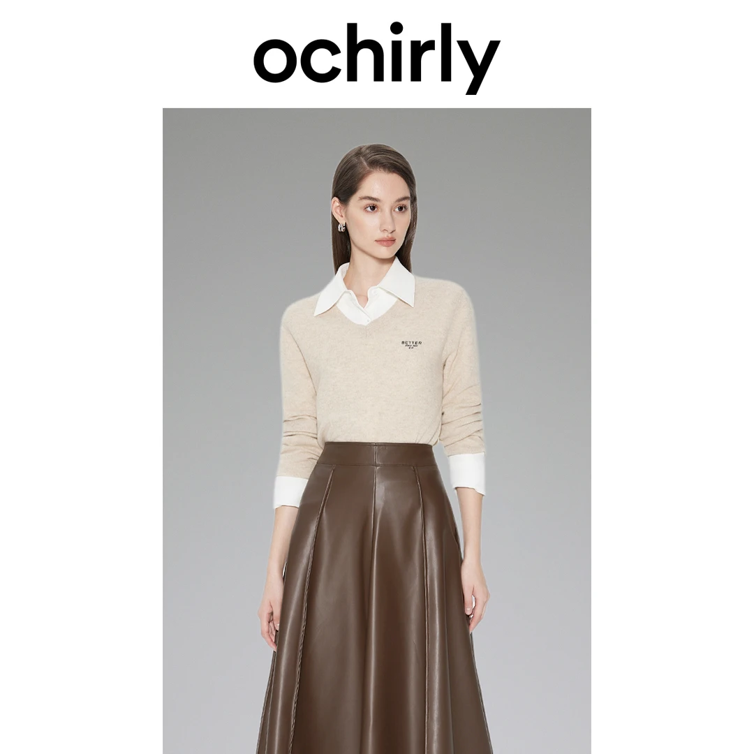 ochirly【澳洲进口100%羊毛】软糯SPA肌理V领针织毛衣女新款秋