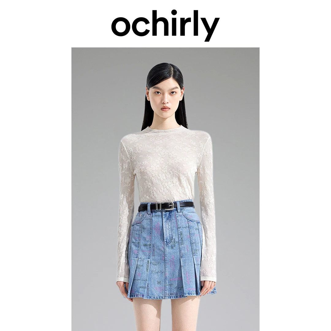 ochirly黑标系列欧时力高捻棉轻薄针织衫女早秋提花透气肌理感