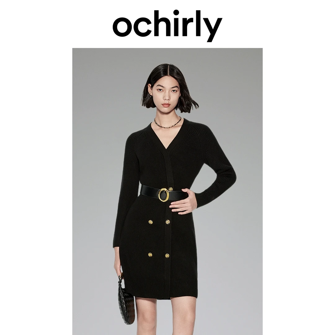 ochirly/欧时力 V领收腰针织连衣裙2023新款秋装法式显瘦小个子