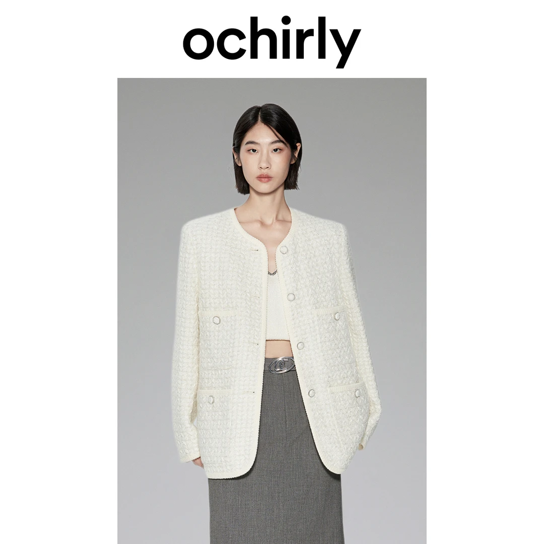 ochirly【绵羊毛花式呢】手工编织小香风外套女春冬