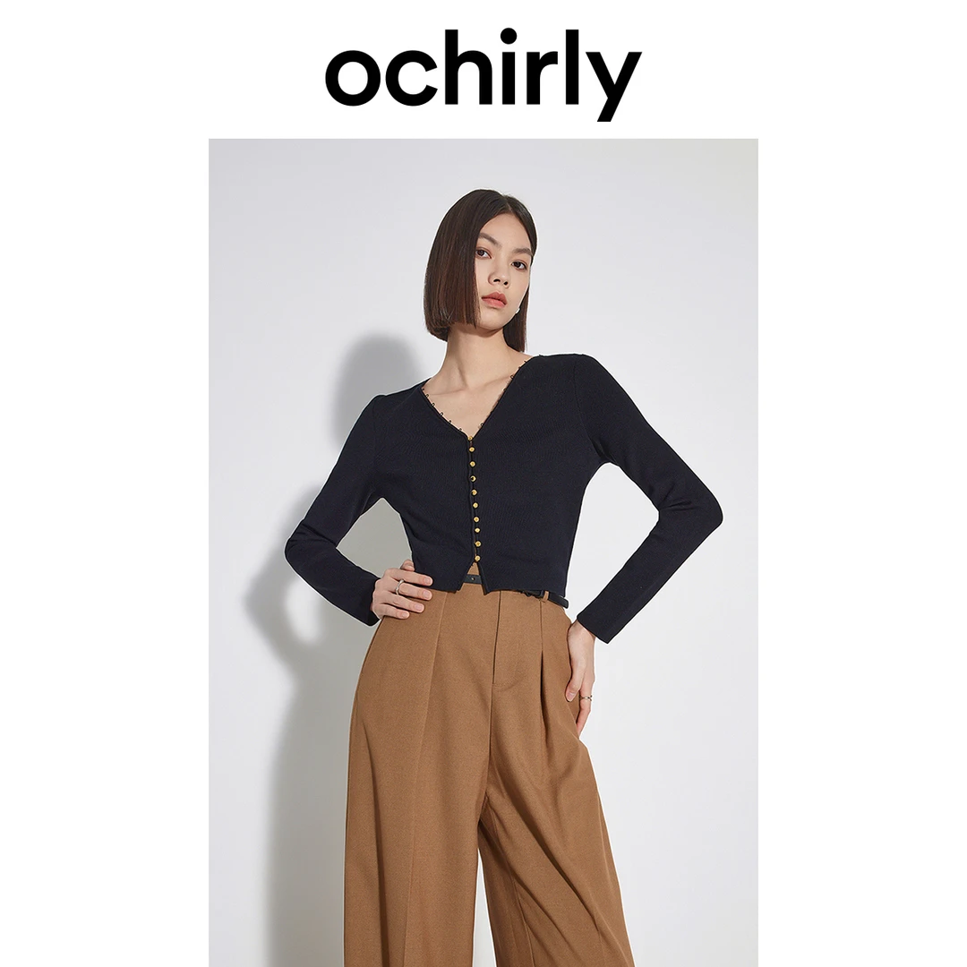 ochirly修身短款针织衫女秋装上衣V领显瘦设计感