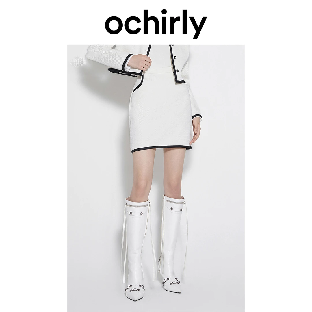 ochirly欧时力 学院风粗斜呢半身裙秋冬撞色高腰a字短裙