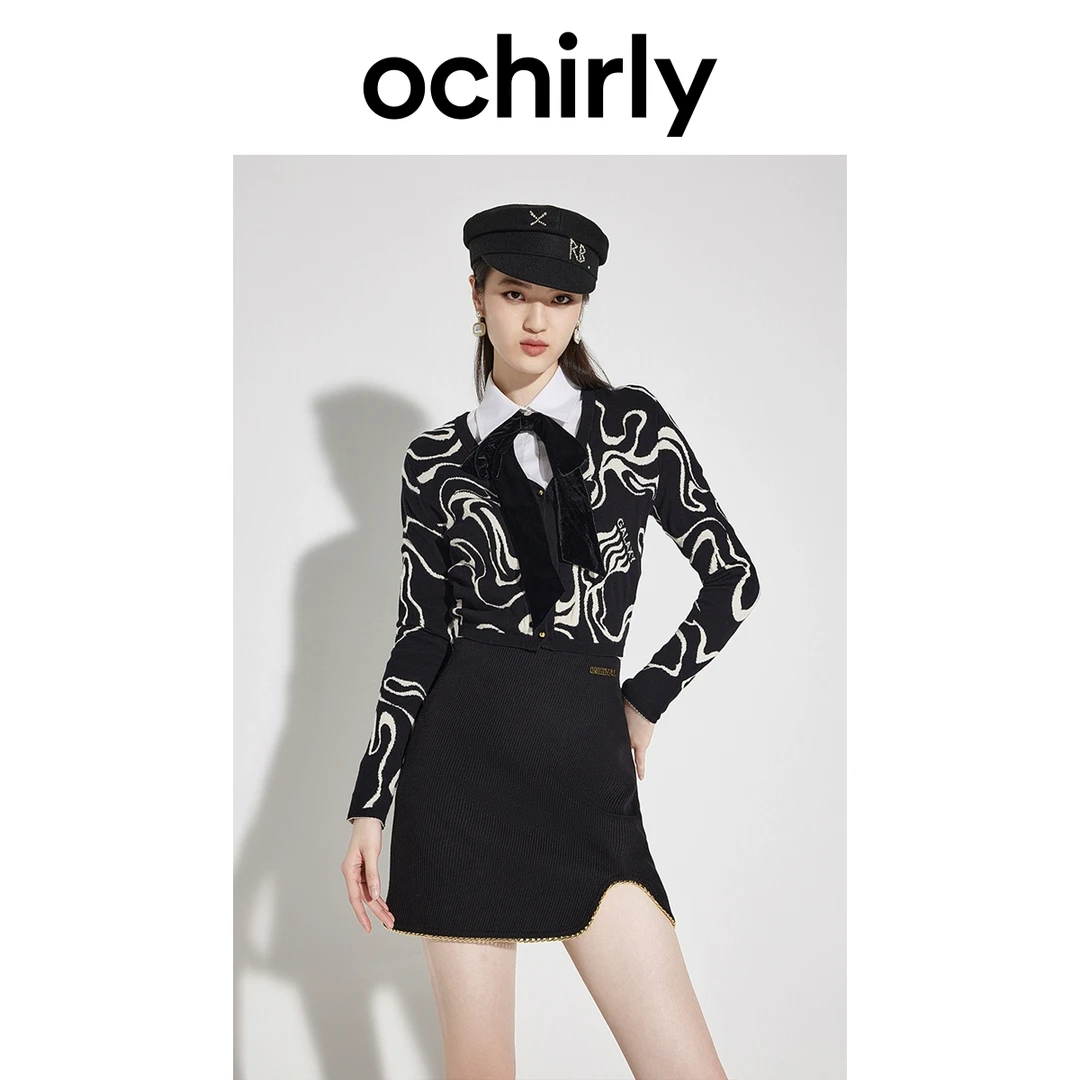 ochirly欧时力 设计感长袖针织衫女秋装抽象图案短款上衣