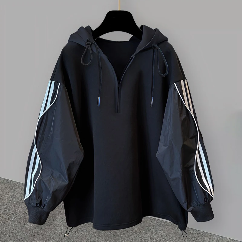 条纹拼接半拉链连帽卫衣春秋季韩版潮流帅气休闲宽松百搭套头外套