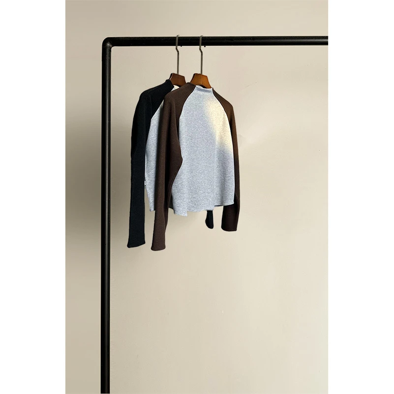 原创高档女装高级感时尚拼接撞色T恤卫衣女秋冬新款长袖打底上衣