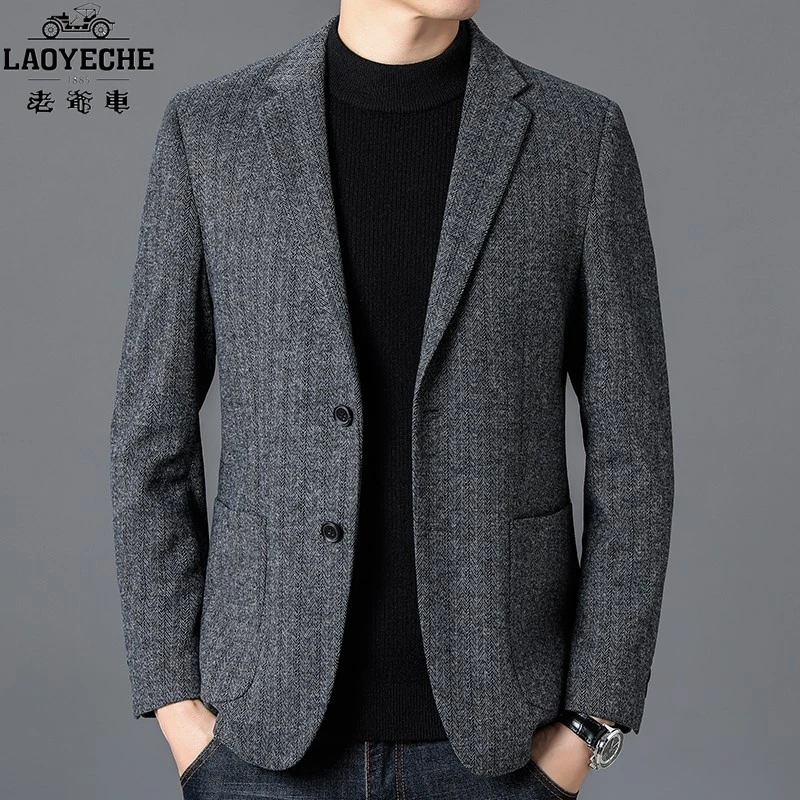 老爷车秋冬季新款西装男中年商务休闲单西服时尚条纹毛呢男士外套