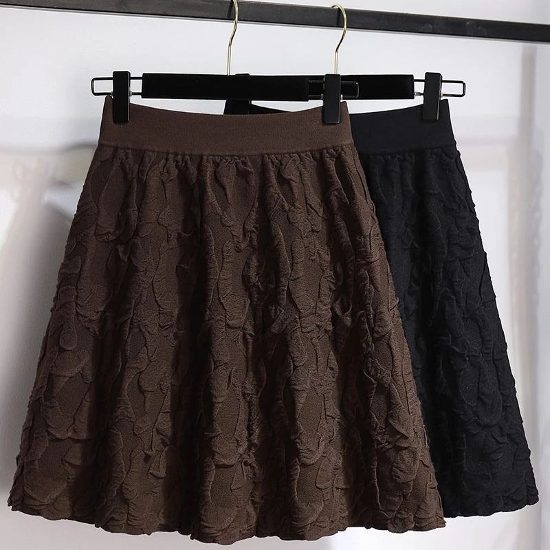 针织短裙女奶咖色半身裙秋冬a字高腰半裙新款弹力蓬蓬裙短款裙子