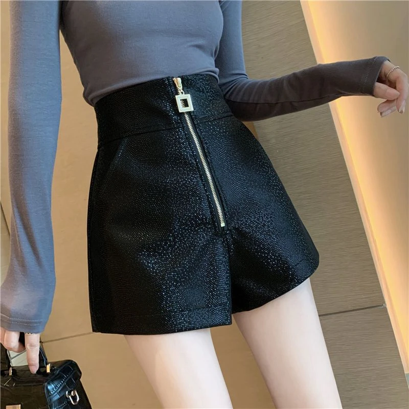 潮皮短裤女2023春秋季新款时尚高腰阔腿裤个性拉链显瘦外穿休闲裤