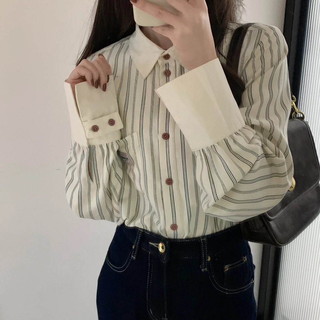 【Niche Young】清影 气质百搭小众复古条纹衬衫 QD70328