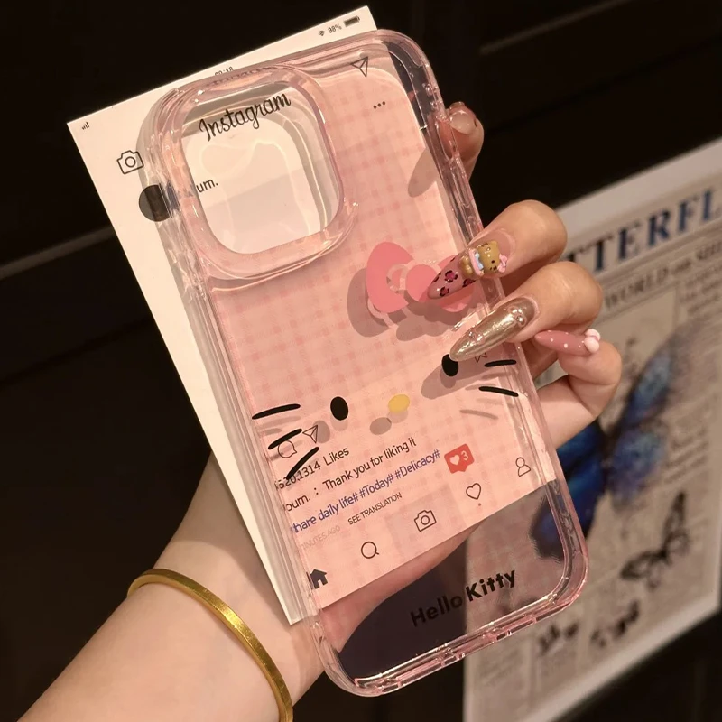 甜美粉格纹KT适用苹果16promax手机壳iPhone15/14透明13卡通12/11