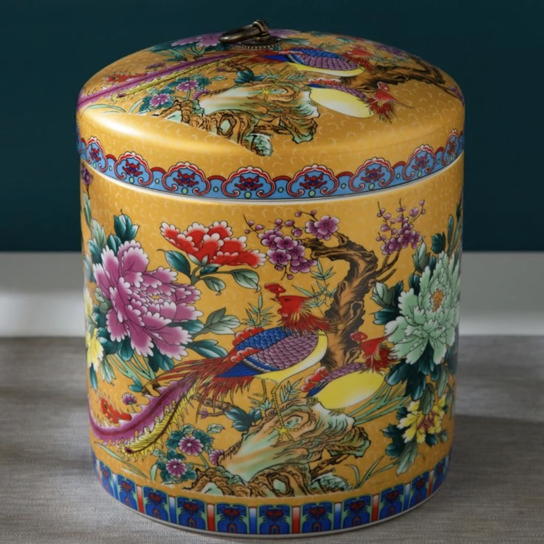 【容量10斤，高24，肚径22，口径18】金色牡丹陶瓷储物罐配旋转底座