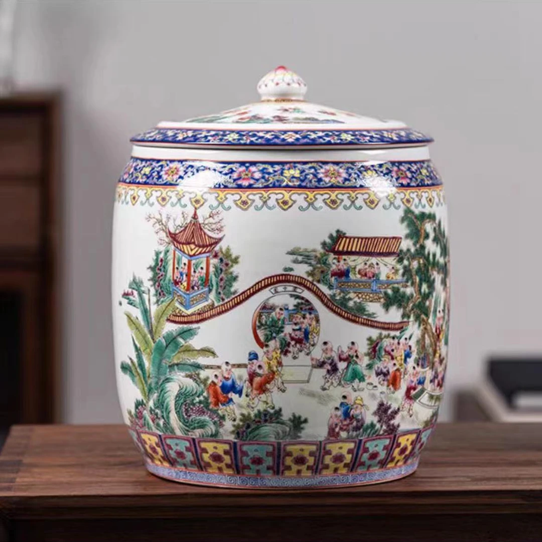 【高35，宽28，容量30斤】金青霞百子图米缸茶饼罐