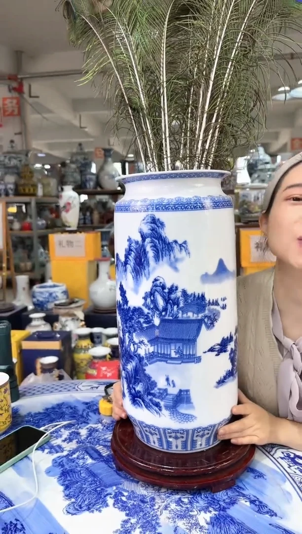【闪购商品】摆件青花山水字画筒景德镇陶瓷