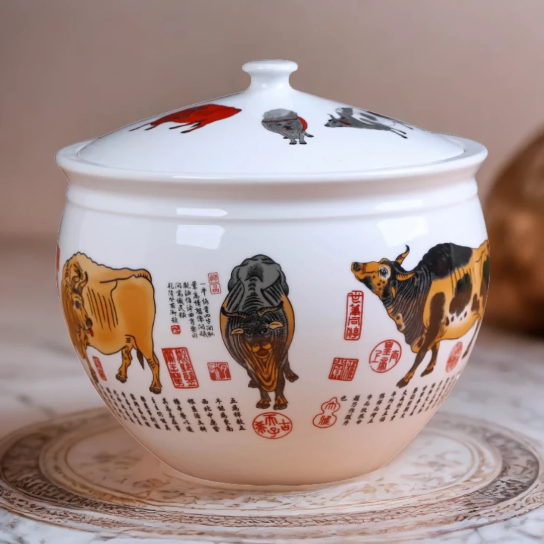 【高24，宽26，容量10斤】五牛图猪油罐米缸