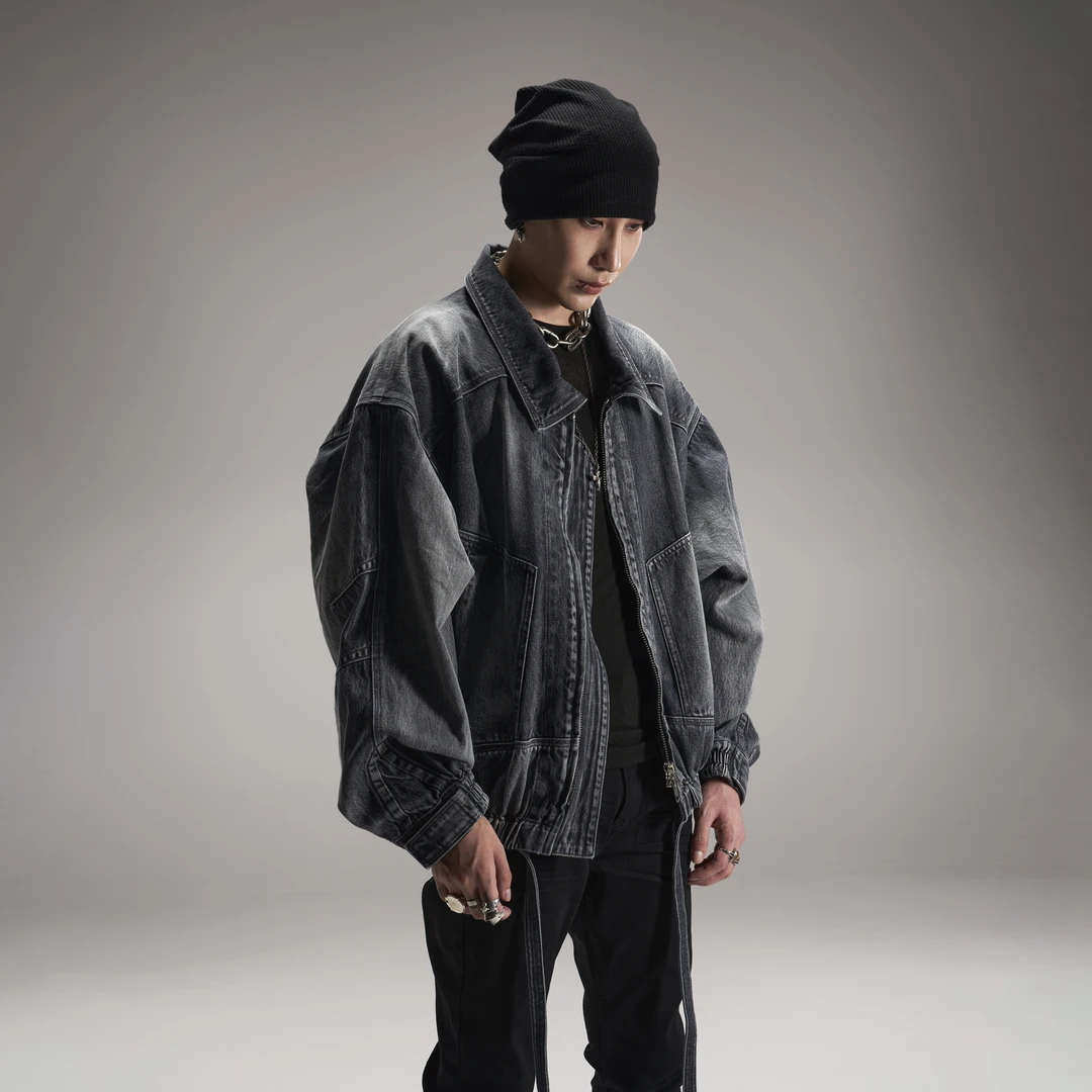 EODUP 23FW渐层水洗冰蓝飘带廓形立体背甲拼接宽松拉链牛仔外套