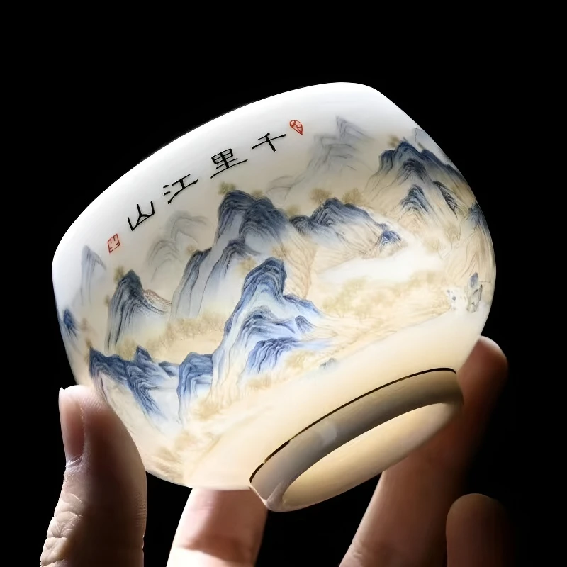 羊脂玉主人茶杯高档千里江山杯禅定杯功夫茶杯单个建盏大号品茶具