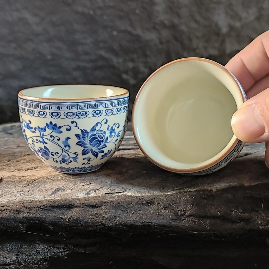 【雅春茶具】小茶杯黄汝缠枝莲青花汝窑泡茶茶水杯家用陶瓷满花珐琅