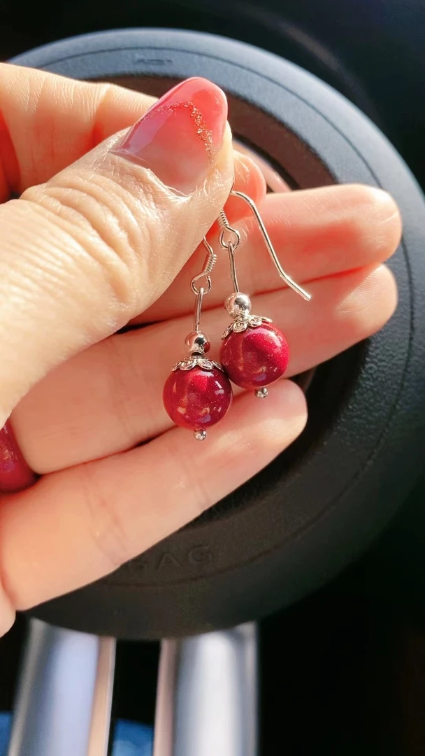 含辰砂工艺品朱砂 辰砂 银饰高含量紫金砂10mm耳坠