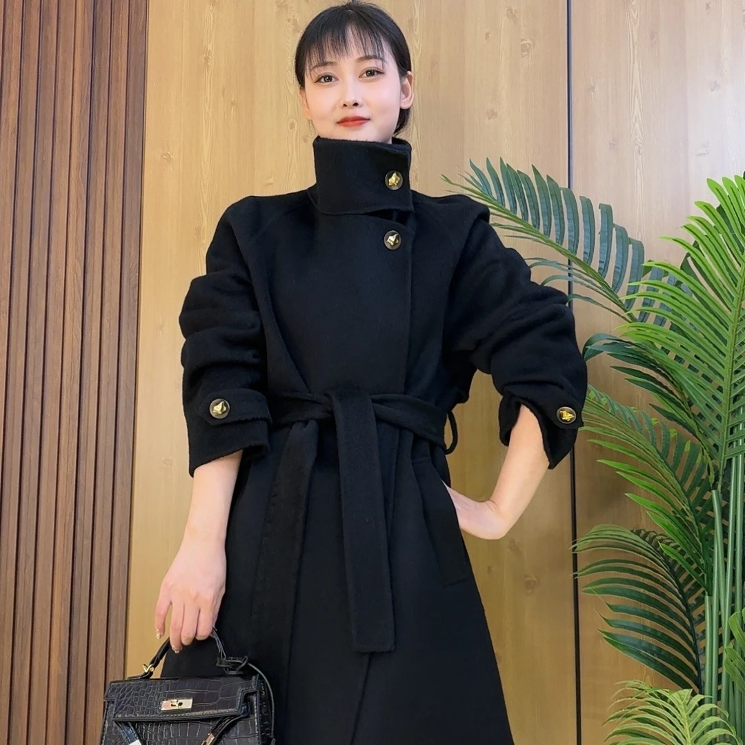 初剪100%绵羊毛双面羊毛大衣长款宽松立领两扣羊毛外套